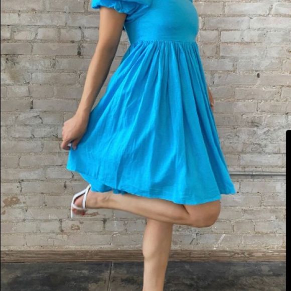 🆕 AQUA BLUE PUFF SLEEVE BABYDOLL MINI DRESS - Picture 5 of 6